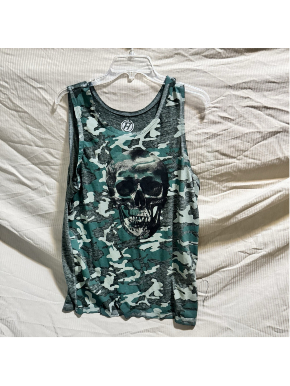 H-Camo Green Men’s Tank Top With Skeleton Graphic. Size Med. Cotton/Polyester